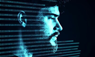 Sticker - man's profile merging with binary code overlay, futuristic tech concept