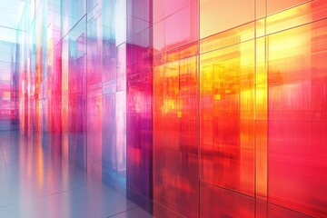 Fototapete - A vibrant display of colorful glass panels reflecting light in an abstract architectural space.