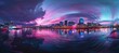 © Fathor - Panoramic view of the Nashville city skyline at dusk, with colorful reflections on the river, detailed architecture, and vibrant urban lights. The sky is a vibrant mix of pink, purple, and blue. High