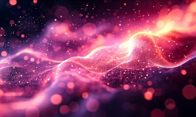 Wall Mural - ethereal waves flow with bright, glowing particles and bokeh against a dark background
