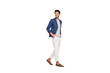 © deagreez - Full length profile side photo of pretty youth walk look wear blazer jacket pants trousers boat-shoes isolated over white background