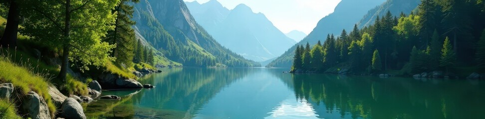 Naklejka na meble Serene mountain lake nestled in lush forest, sunlight dappling the water , woods, backdrop, background