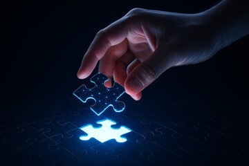 Hand placing glowing digital puzzle piece, symbolizing solution, innovation, and connection.