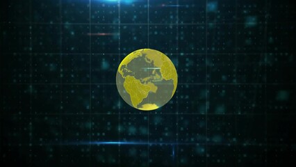 Wall Mural - glowing neon green tech earth globe is floating in 3d render with grid and data particles