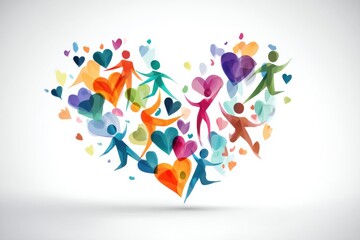 Poster - Colorful Heart Shape Created With Abstract Human Figures and Vibrant Hearts Representing Unity and Love in a Creative Design