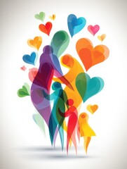 Poster - Colorful Heart Hug Icon Formed by Abstract Human Shapes Representing Love and Connection Among Families and Community in a Vibrant and Playful Design