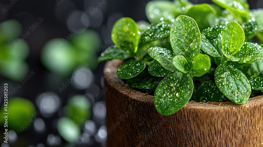 Closeup of Fresh Green Mint Plant in Wooden Pot Stock Photo | Adobe Stock