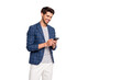 © deagreez - Portrait of his he nice attractive lovely stylish cheerful cheery freelancer HR director wearing blue checked blazer using gadget device chatting isolated over light white pastel background