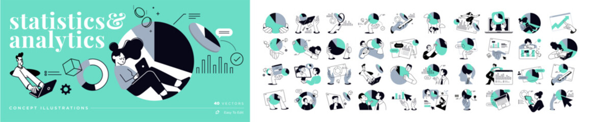 Fototapete - Statistics and analytics. Set of people vector illustrations of business analysis, market research, data analytics, statistics, planning, business and financial report, marketing and presentation.