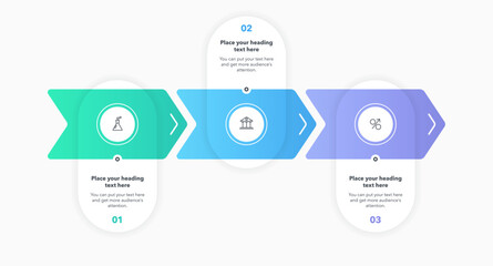 Aufkleber - Arrow infographic process template with three colorful steps. Graphic diagram with numbers and icons for workflow layout, banner or web design.