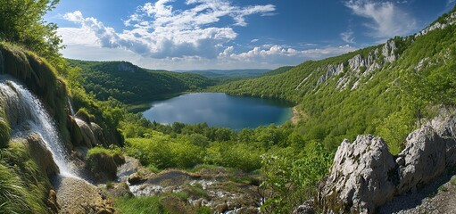 Wall Mural - Waterfalls in PlitviÄe National Park: Some Necklaces from the Body of Waterfalls at the Most Beautiful Natural Place on Earth. Captivating panorama of 