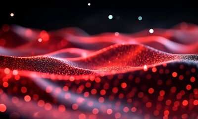 Sticker - wavy glowing red particles in depth of field, dark background with white bokeh