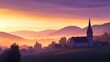 © Lavanya - Serene Sunset Over a Quaint Village with a Church Steeple and Rolling Hills in the Background