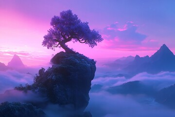 Wall Mural - a beautiful, fantastical tree growing atop a rock in the sky, with a foggy valley below and pink and
