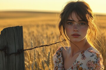 Poster - A freckled young woman in a floral dress stands in a golden wheat field at sunset.