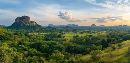 Wall Mural - A beautiful green landscape of a mountain range with trees and sky at sunset in the southern region of Thailand. A Sri Lankan nature view with a beautiful cloudscape. 