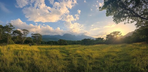 Wall Mural - A beautiful green landscape of a mountain range with trees and sky at sunset in the southern region of Thailand. A Sri Lankan nature view with a beautiful cloudscape. 