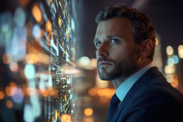 Aufkleber - A pensive businessman contemplates a futuristic data visualization against a vibrant city backdrop.
