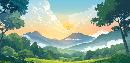 Wall Mural - A beautiful green landscape of a mountain range with trees and sky at sunset in the southern region of Thailand. A Sri Lankan nature view with a beautiful cloudscape. 