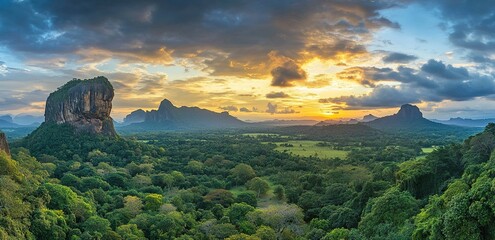 Wall Mural - A beautiful green landscape of a mountain range with trees and sky at sunset in the southern region of Thailand. A Sri Lankan nature view with a beautiful cloudscape. 