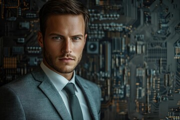Aufkleber - A sophisticated businessman stands before a complex circuit board, symbolizing technology and ambition.