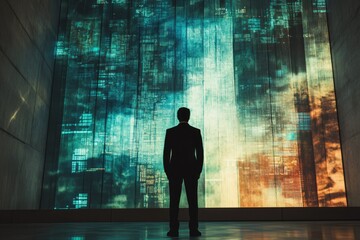 Leinwandbilder - A silhouetted businessman stands before a large screen displaying a dynamic, abstract representation of data streams and digital information.