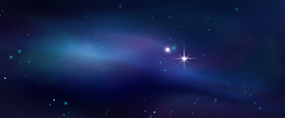 Deep space background - dark blue starry sky with glowing nebula clouds, bright planet shining among twinkling stars. Majestic galaxy view, infinite cosmos scenery. Astronomical vector backdrop.