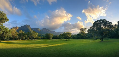 Wall Mural - A beautiful green landscape of a mountain range with trees and sky at sunset in the southern region of Thailand. A Sri Lankan nature view with a beautiful cloudscape. 