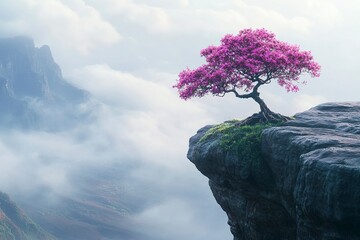 Wall Mural - a beautiful, pink tree growing on top of a rock in the clouds, with a dreamy, misty landscape and a 