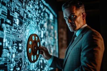 Leinwandbilder - A man in a suit examines a film reel against a backdrop of a digital circuit board, suggesting data retrieval or technological mystery.