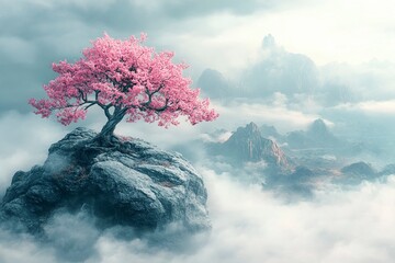 Wall Mural - a beautiful, pink tree growing on top of a rock in the clouds, with a dreamy, misty landscape and a 