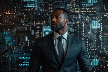 Aufkleber - A confident businessman stands before a futuristic digital background, symbolizing technological leadership and innovation.