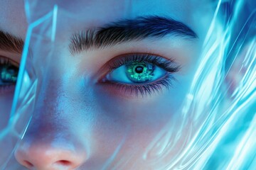 Poster - Close-up of a woman's eye reflecting a futuristic, digital code.