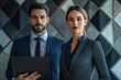 © Vibu design  gallery - Confident business professionals, a man and a woman in suits, stand against a geometric background, holding a laptop.