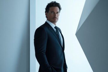 Poster - A sophisticated man in a dark suit stands against a modern geometric background.