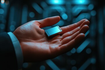 Poster - A hand holds a small, advanced technological component, symbolizing innovation and progress in the digital age.