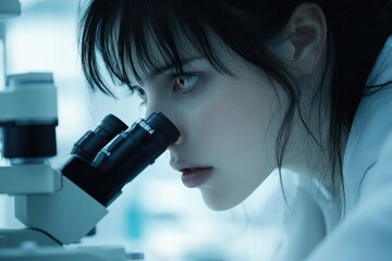 Poster - A young female scientist intensely examines a sample through a high-powered microscope in a lab setting.