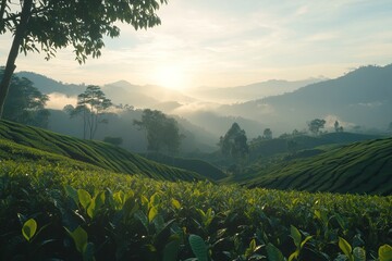 Wall Mural - A beautiful view of green mountains and sky in Thailand, during the golden hour, with trees and tea plantations. Photorealistic, high-resolution. 