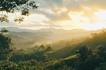 Wall Mural - A beautiful view of green mountains and sky in Thailand, during the golden hour, with trees and tea plantations. Photorealistic, high-resolution. 