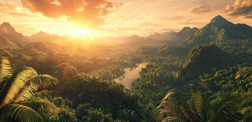 Wall Mural - A beautiful view of the green mountains in Thailand, with rolling hills, a stunning sunrise, and golden light. The image is photo-realistic and high-resolution. 