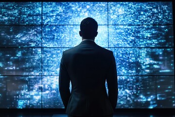 Fototapete - A businessman stands before a large screen displaying a stream of digital data, contemplating complex information.