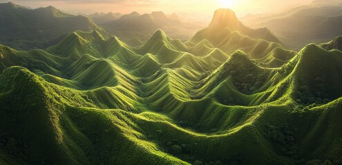 Wall Mural - A beautiful view of the green mountains in Thailand, with rolling hills, a stunning sunrise, and golden light. The image is photo-realistic and high-resolution. 