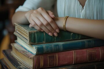 Poster - Woman's hands rest on a stack of antique books, showcasing a quiet moment of reading and reflection.