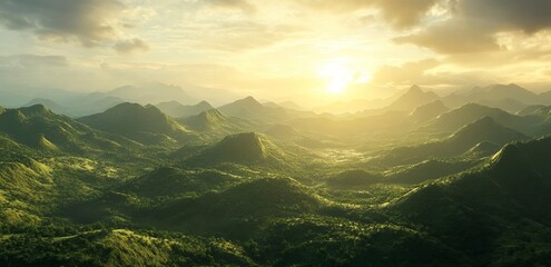 Wall Mural - A beautiful view of the green mountains in Thailand, with rolling hills, a stunning sunrise, and golden light. The image is photo-realistic and high-resolution. 