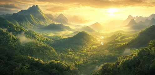 Wall Mural - A beautiful view of the green mountains in Thailand, with rolling hills, a stunning sunrise, and golden light. The image is photo-realistic and high-resolution. 
