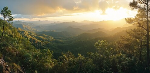 Wall Mural - A beautiful view of the green mountains in Thailand, with rolling hills, a stunning sunrise, and golden light. The image is photo-realistic and high-resolution. 