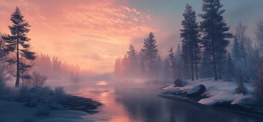 Wall Mural - a beautiful winter landscape with trees and a river in the mist, at sunrise.
