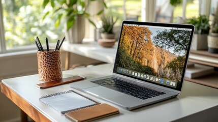Modern home office setup laptop computer on wooden desk productivity and remote work concept