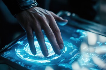 Leinwandbilder - A hand interacts with a futuristic, glowing, holographic touchscreen interface displaying data.