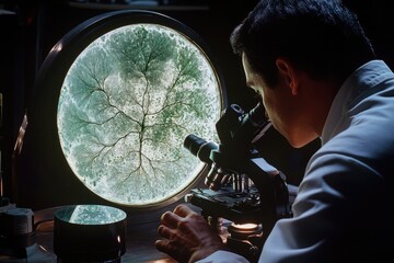 Aufkleber - Scientist examining a Lichtenberg figure, a fractal pattern created by electrical discharge in a dielectric material.